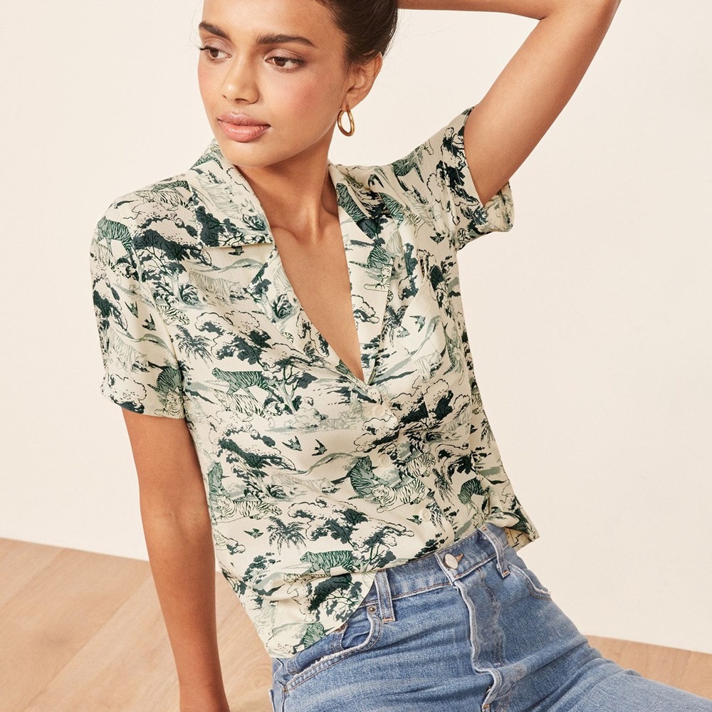 Reformation Cuba Top Button Down Green Tiger XS
